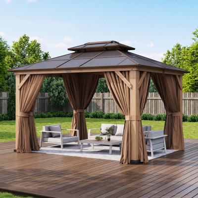 Pavillon de jardin extérieur en bois de cèdre 12 x 10 pi avec toit double en polycarbonate, filet de clôture complet, rideaux latéraux pour patio privé, cour arrière, jardin