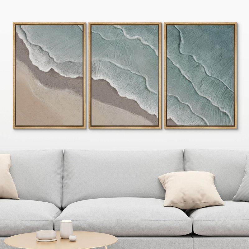 «Serene Beach Abstract Coastal Waves Seascape Neutral», ensemble d'art mural encadré pour chambre à coucher 3, Naturel