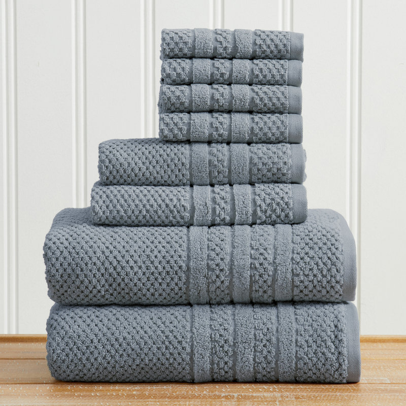100% Cotton Checkered Bath Towel Set, Blue, 8 Piece Set