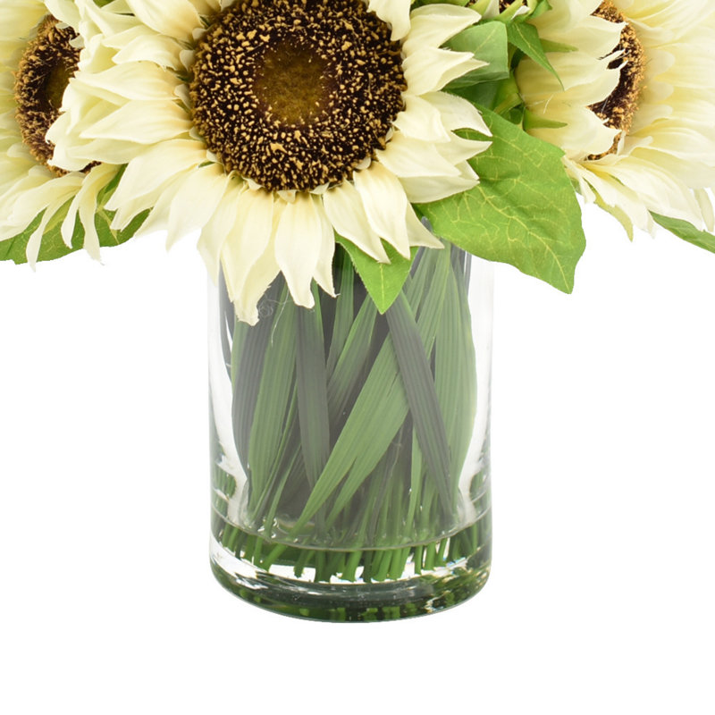Sunflowers In Glass Vase With Grass, White