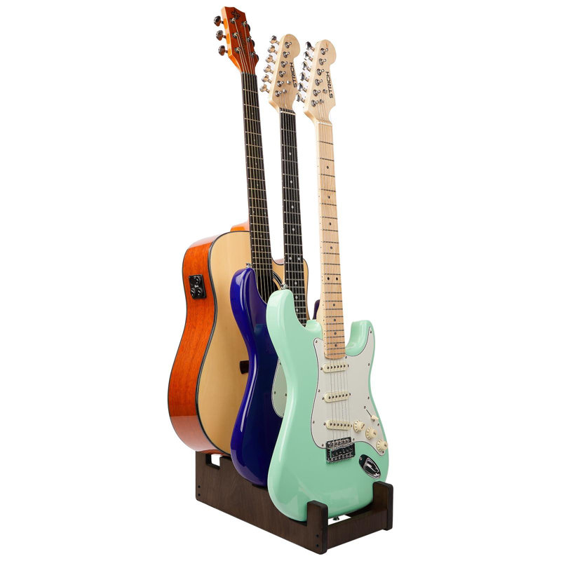 Wooden Guitar Stand For Multiple Guitars, 3-Holder, Front Display Space-Saving Floor Guitar Rack For Home, Studio, Stage, Walnut Color (For 2 Electric+1 Acoustic)