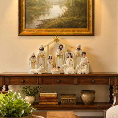 11 Lighted Resin Nativity Set with Stable, Hand-Painted Ivory, White Holy Family Figurines