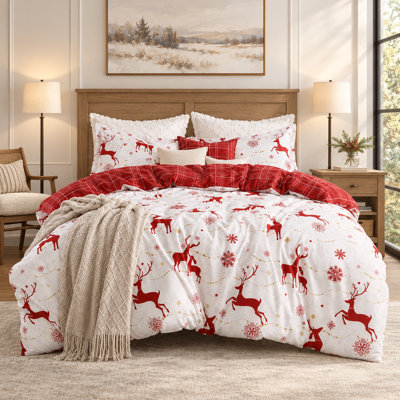 Literie réversible à carreaux rouges avec motif de rennes et flocons de neige pour Noël