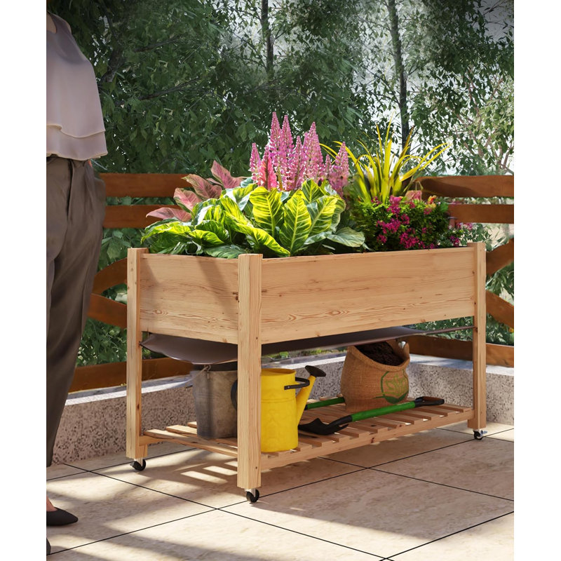 Raised Garden Bed 48x24x32-Inch Mobile Elevated Wood Planter w/Lockable Wheels, Storage Shelf and Protective Liner for Indoor/Outdoor Gardening(Natural Wood)