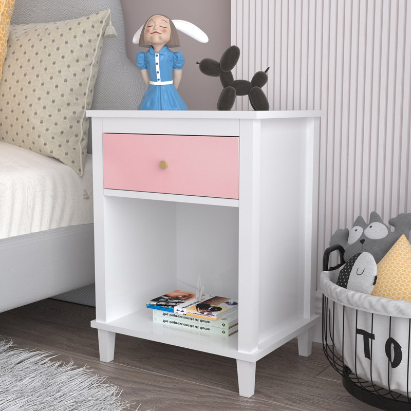 1 Drawer Nightstand, White/Pink