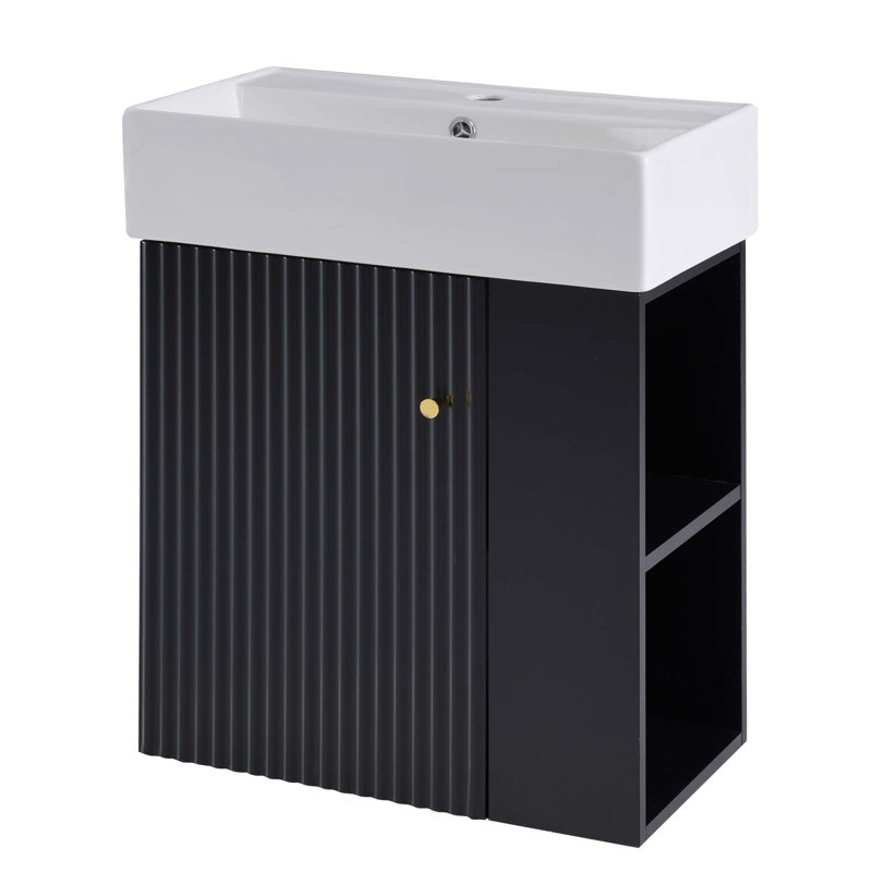 21.6 inch Modern Floating Bathroom Vanity with Ceramic Basin - Perfect for Small Bathrooms, Right side storage