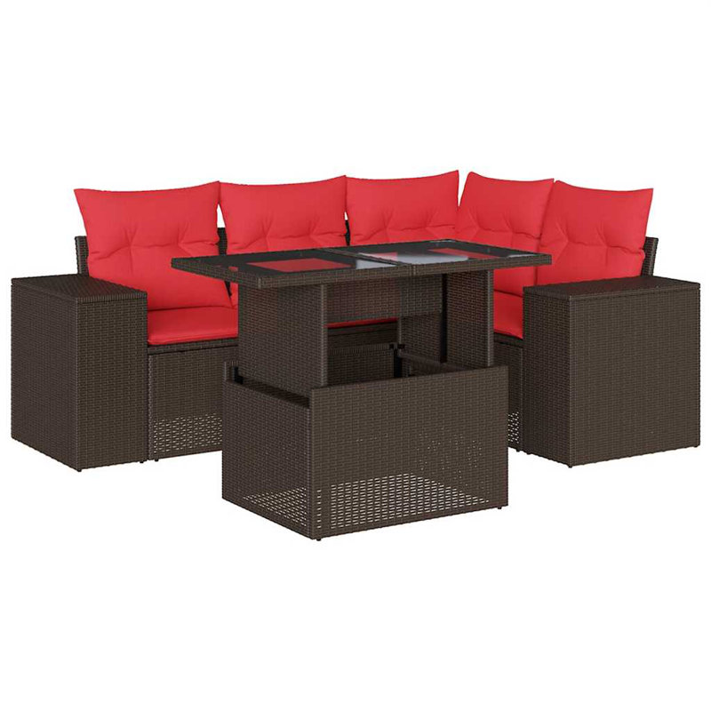 Ensemble de canapé de patio 5 pièces avec coussins, Rouge, Brun