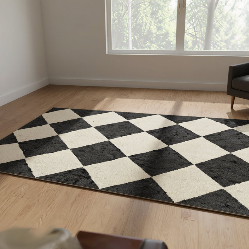 Tapis lavable à motif géométrique noir à carreaux crème, Tapis de couloir 2 pi 6 po x 6 pi 7 po