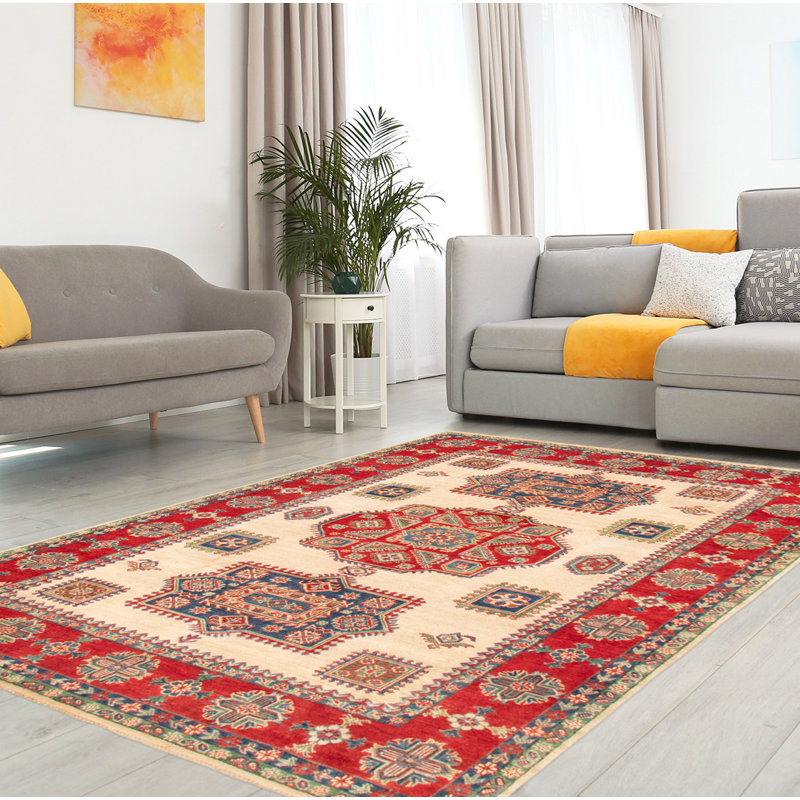 Tapis unique en laine noué à la main 6 pi 1 po x 9 pi nouvel âge en crème / rouge Oberta