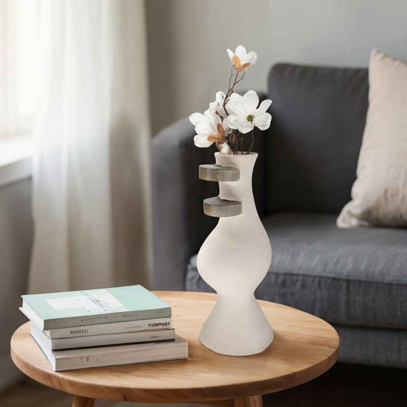 Glam Sculptural Vase with Curved Silhouette and Dual Wood Ring Accents Crafted from Pottery Ecomix Mango Wood and Natural Materials for Eye-Catching Modern Decorative Display