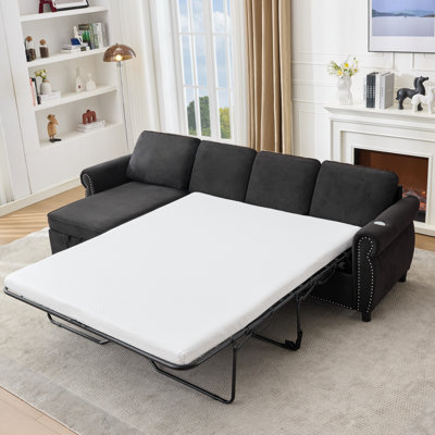 106.5" Pull Out Sofa Bed,L Shaped Modular 4 Seater Couch,2-In-1 Sofa Bed,Wireless Charging , USB Charging Ports,Memory Foam Mattress,Storage Space, Flannelette,Black