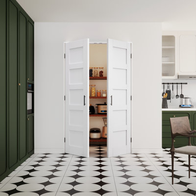 Interior 5-Panel Solid Core Door, CARB P2 Certified MDF Double French Doors, Includes Frame & Matte Black Hardware-Ball Catches & Hinges & Handles, Pre‑Finished & Waterproof, for Pantry, Bedroom, Bathroom & Closet, Easy DIY Stain, 48"x 80"
