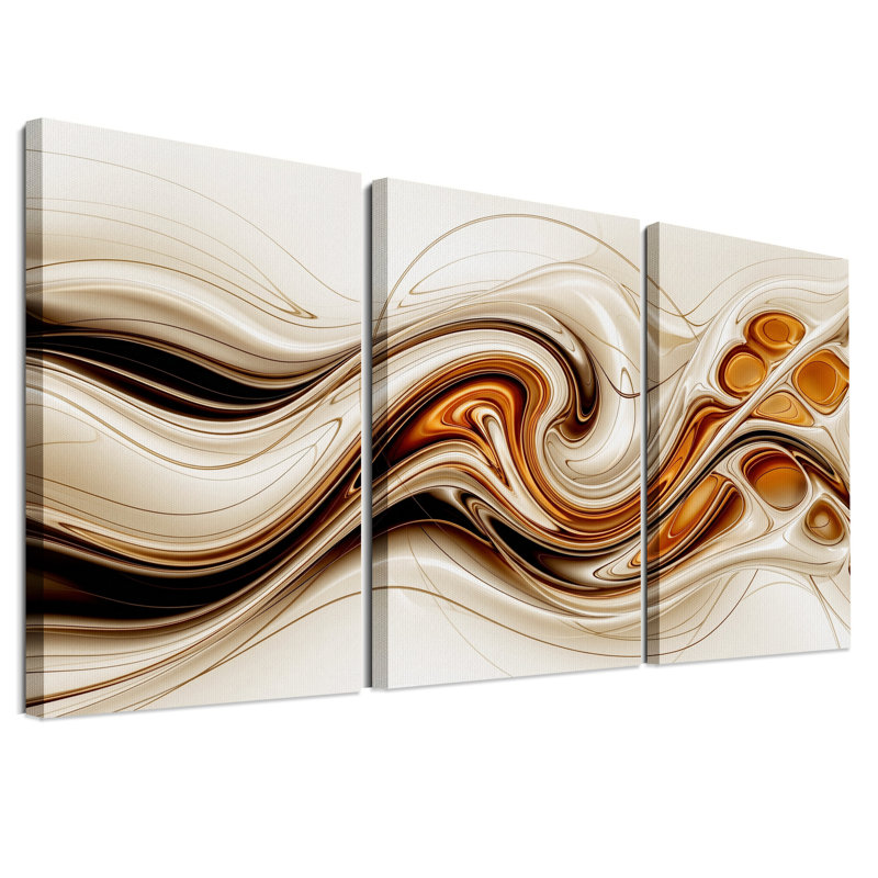 Ensemble de 3 toiles murales abstraites représentant des vagues liquides bronze et beige, 24"H x 16"W x 3pcs