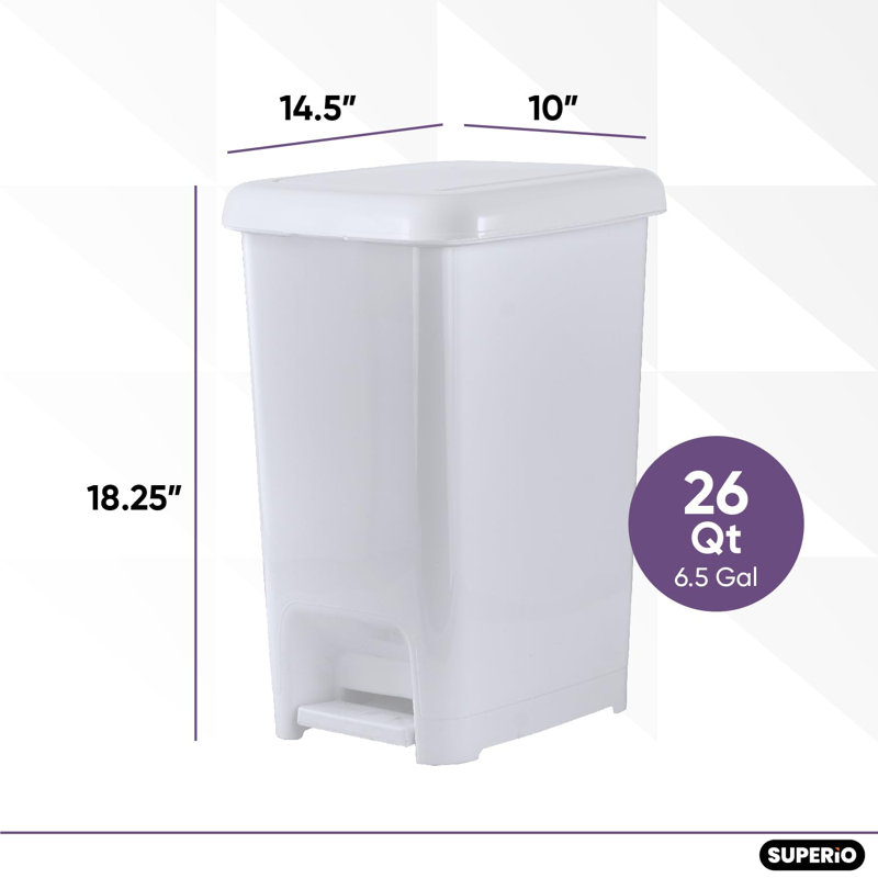 Poubelle à pédale Superio Slim avec couvercle, poubelle en plastique avec pédale pour salle de bain, chambre à coucher, cuisine, bureau, véhicule récréatif, patio ou dortoir, fumée blanche