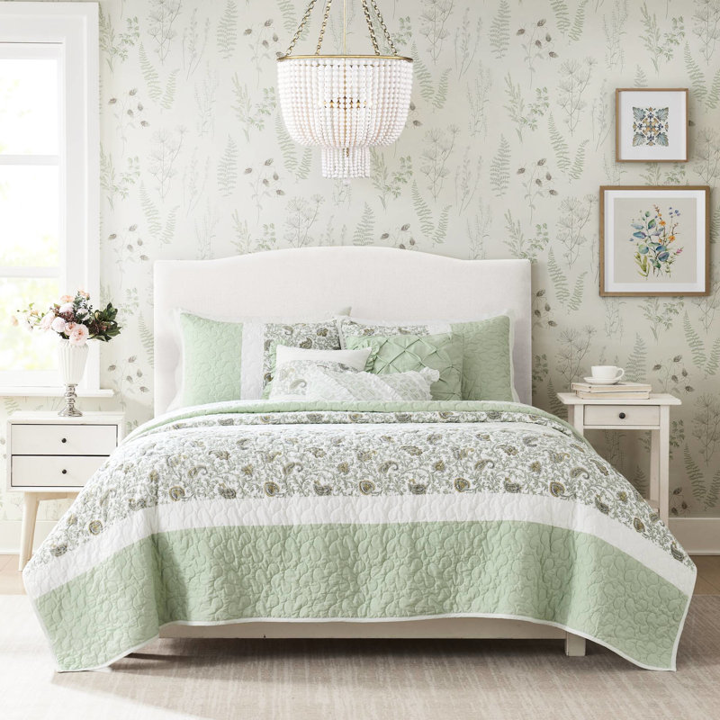 6 courtepointe sauge avec coussins décoratifs - double / grand, coton et literie élégante