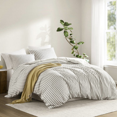 Housse de couette grise 3 pièces avec tissu, confortable et esthétique, esthétique sophistiquée du lin, rayures intemporelles pour le décor de la chambre à coucher, tout confort, attaches de coin au changement, standard 100, machine