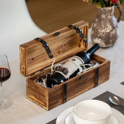  Vintage Wooden Wine Gift Box Rustic Single Bottle Holder With Locking Latch Decorative Brass Accents Faux Leather Straps Keepsake Storage Chest For Weddings Birthdays & Holiday Gifting