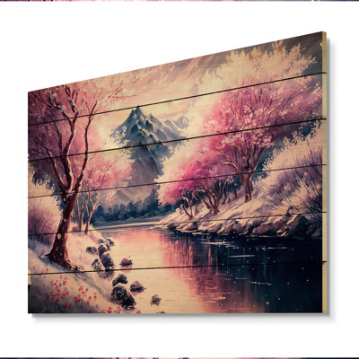 Paysage d'hiver en beauté en rose magenta et bleu I - impression de forêt sur bois