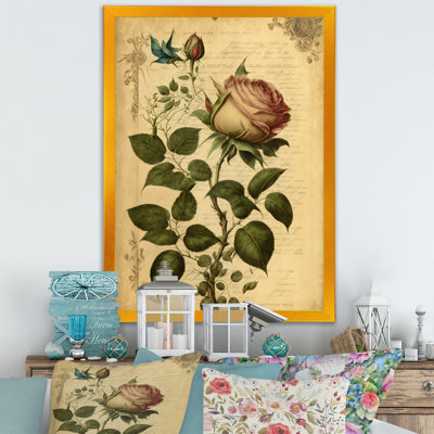Pink Rose On Retro Parchment III - Floral Rose Print on Wood