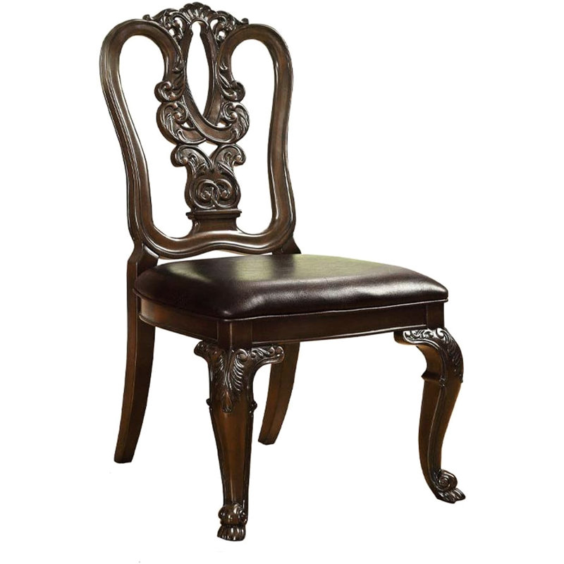 Chaises d'appoint de luxe traditionnelles de luxe en bois massif brun foncé avec siège rembourré et dossier en cerisier orné pour la salle à manger