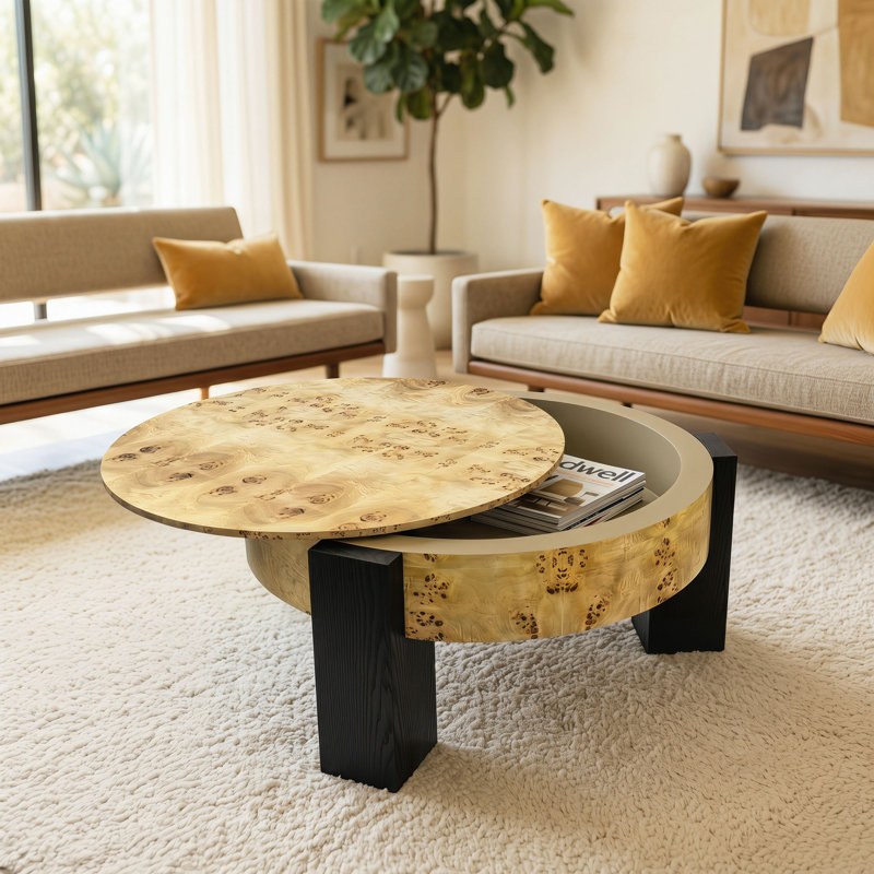 Table basse 33 po ronde avec rangement en bois de ronce, table basse moderne à compartiments cachés, table d'appoint robuste à 3 pieds pour le salon, petite pièce