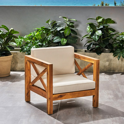 Mid-Century Modern Patio Chair: Wood, Waterproof Cushions, Easy Assembly Stylish Wood Frame, Water- Padding, Comfortable Seating