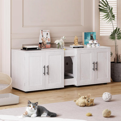 Cat Litter Box Enclosure for 2 Cats, 55" Hiddden Litter Box Enclosure Furniture 3-in-1 Wooden Litter Cabinet with Barn Door & Double Rooms for Bedroom Living Room,White