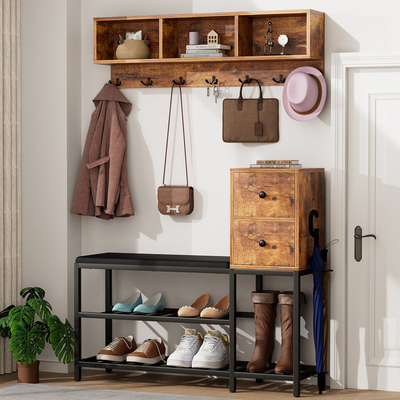 Grand arbre d'entrée 39 "avec banc et rangement pour chaussures Abi, Naturel