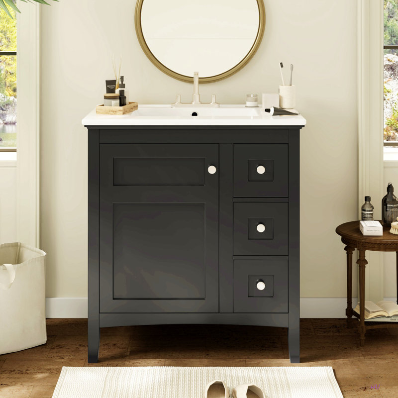 Meuble-lavabo moderne de 30 po avec lavabo en céramique, 3 tiroirs, meuble de rangement moderne en bois massif, idéal pour la maison