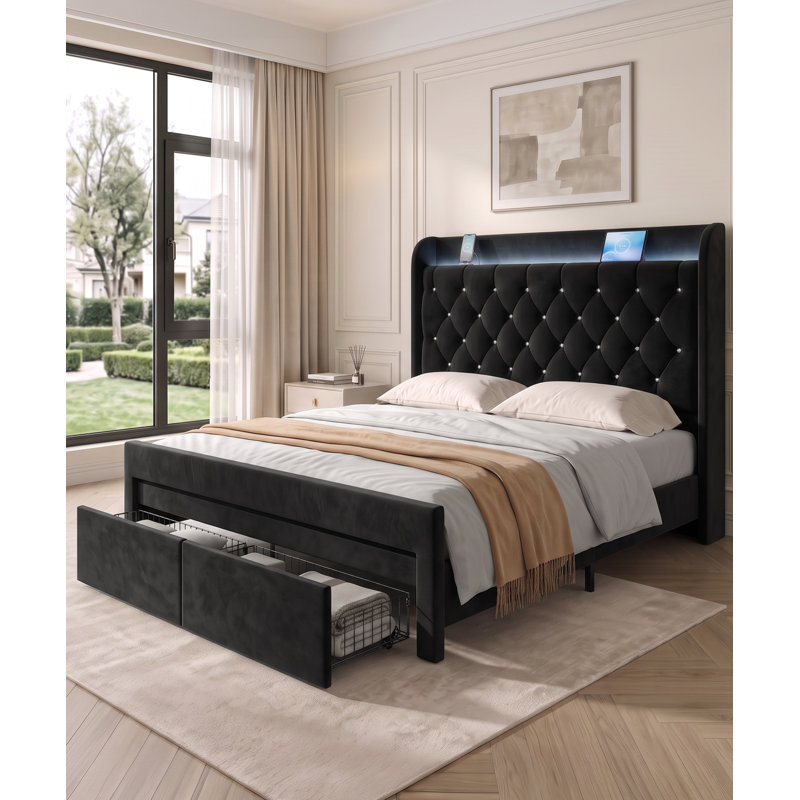 Cadre de lit en velours avec 2 tiroirs et tête de lit à oreilles, lit de rangement avec tête de lit, Queen, Noir