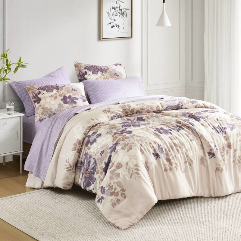 Couette King Size avec draps à motifs floraux taupe - Garnissage, entretien facile et imprimé des draps, tissu facile à manipuler, lavable à la machine