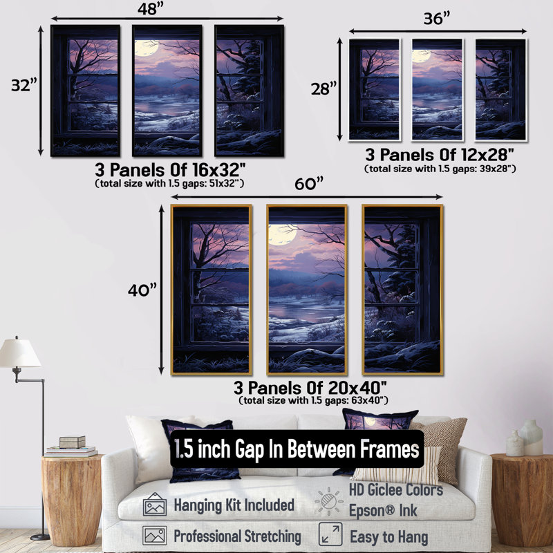 «Purple River Winter Windows III - Winter Landscape», art mural, H 28 po x l 36 po x P 1 po, Cadre flottant blanc