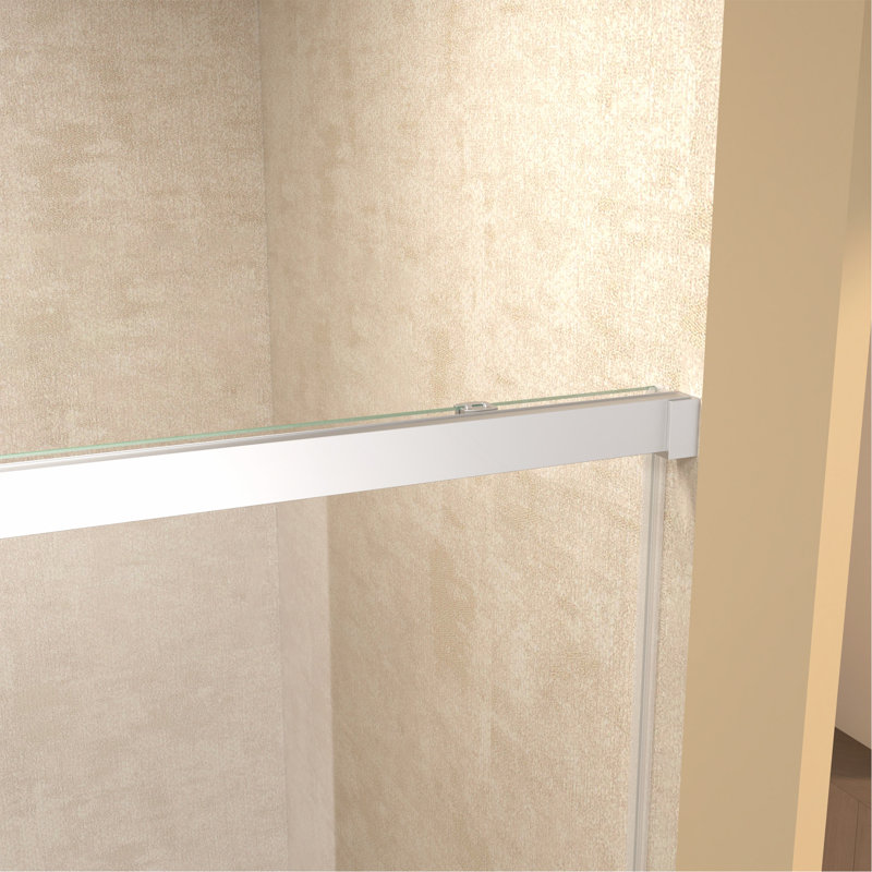 Porte de douche coulissante simple 60 po de largeur x 72 po de hauteur, verre fixe de 5 mm et verre coulissant de 6 mm sans cadre, verre trempé transparent, poignée en acier inoxydable, chrome