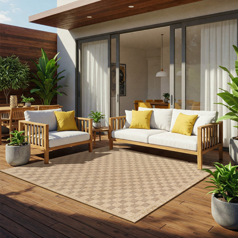 Outdoor Jute-Look Checkered Rug Tan/Brown_MGE2310, Rectangle 160 x 213cm