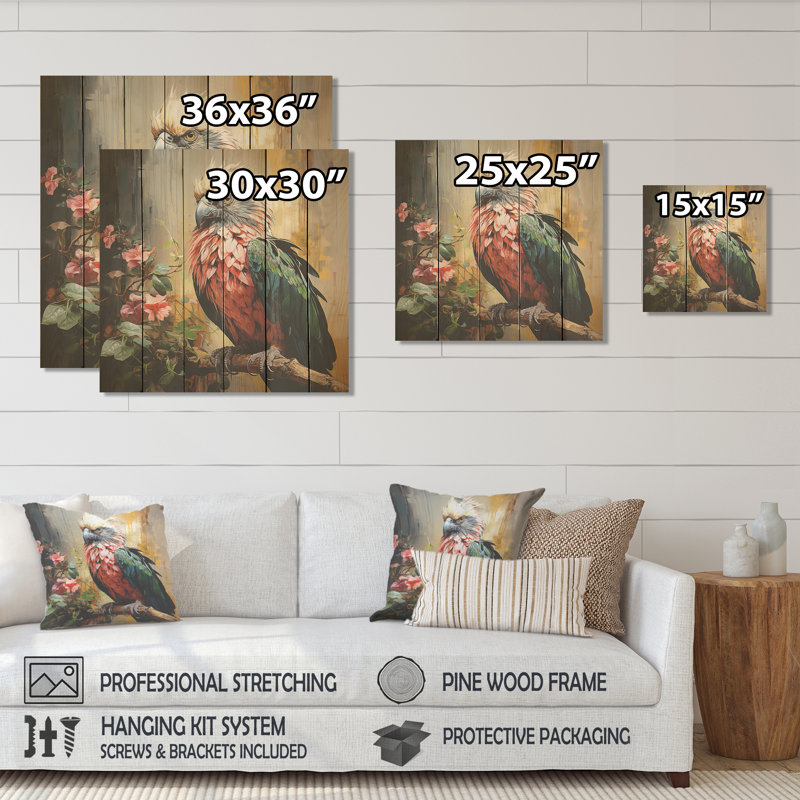 Faucon bleu et rose dans un arbre tropical III - animal faucon sur bois, H 30 po x l 30 po