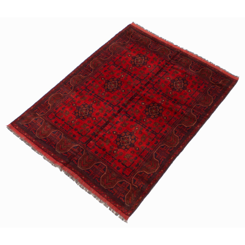 Tapis rouge en laine noué à la main de conception unique 4 pi 11 po x 6 pi 6 po Iolenta