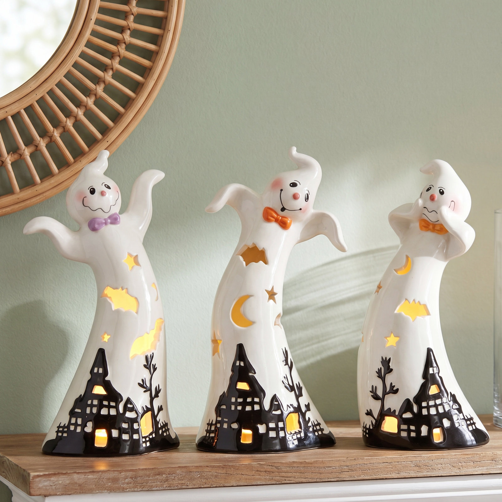 3-Piece Ceramic Ghost Halloween Figurine Set