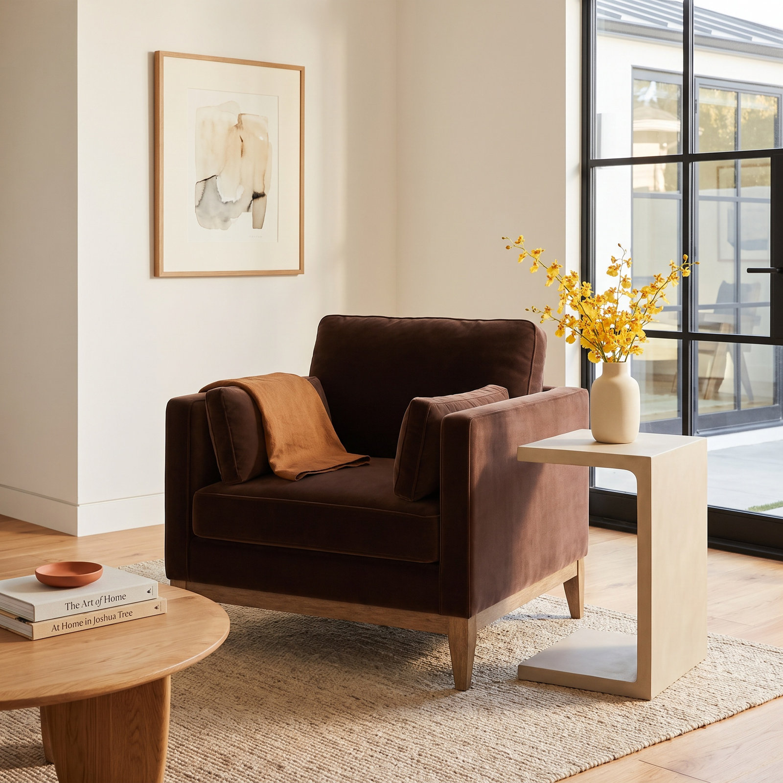 Pera Pine Armchair, Deep Brown Velvet