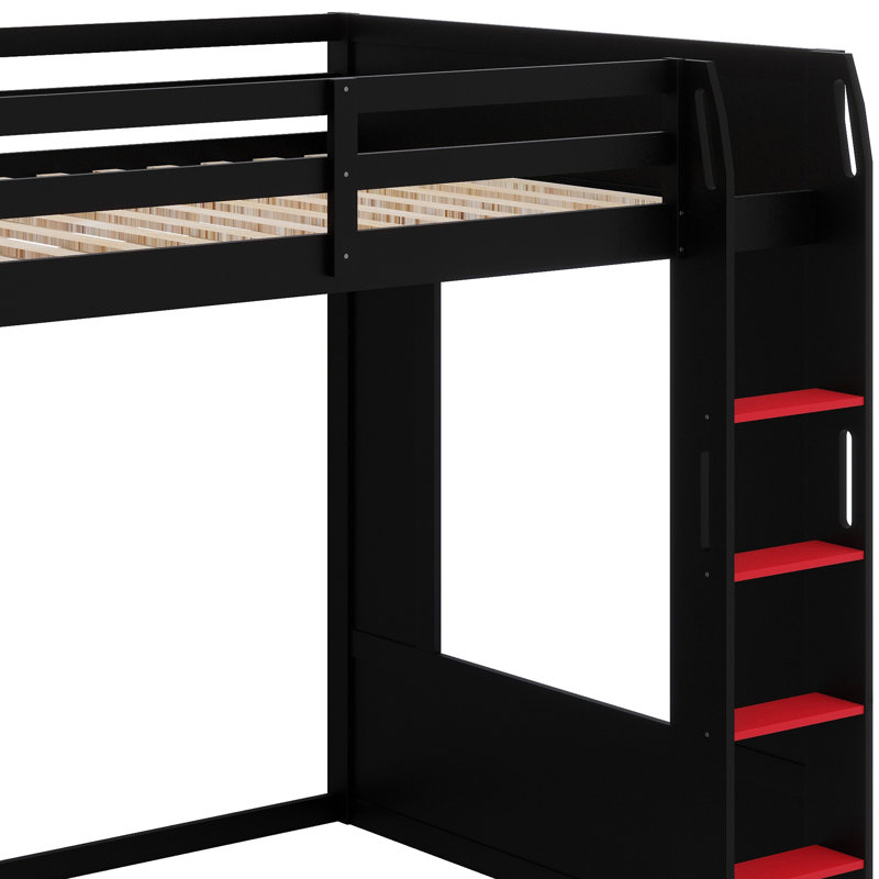 Cadre de lit superposé Gaming avec bureau, tablettes, USB intégré et lumières DEL, Black+Red