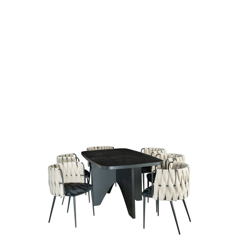 Askins Rectangular Dining Table for 6 with Sculptural Wood Base and Curved Edge Top – Modern Statement Dining Table, Black