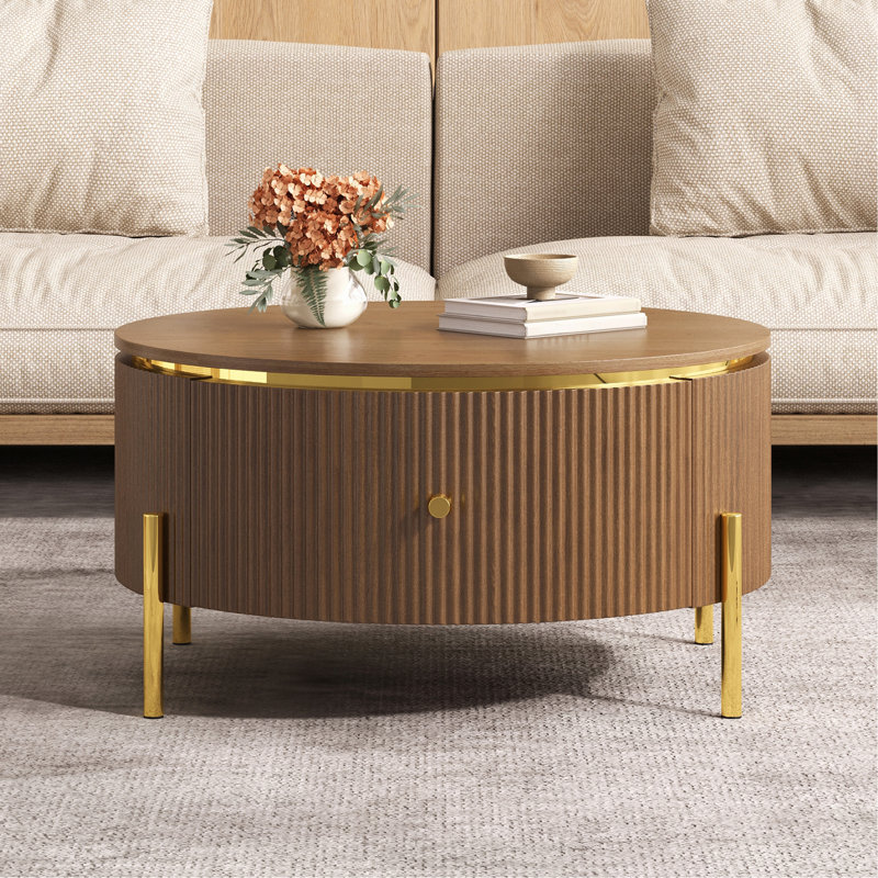 Table basse ronde moderne avec 2 grands tiroirs de rangement, brun, 31,5 po
