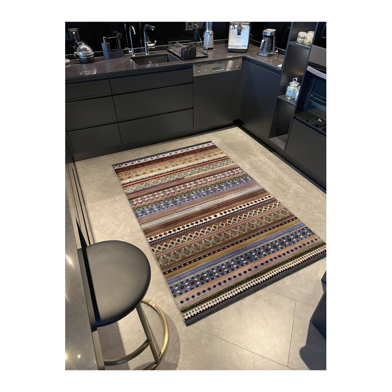 Dark Toned Multi Colored Stripe Sectioned Mixed Geometric Shape Patterned Modern Decorative Rug Machine Washable