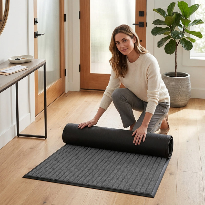 NON-SLIP RUBBER DOOR MAT - INDOOR/OUTDOOR USE, Grey, 80cm W x 300cm L