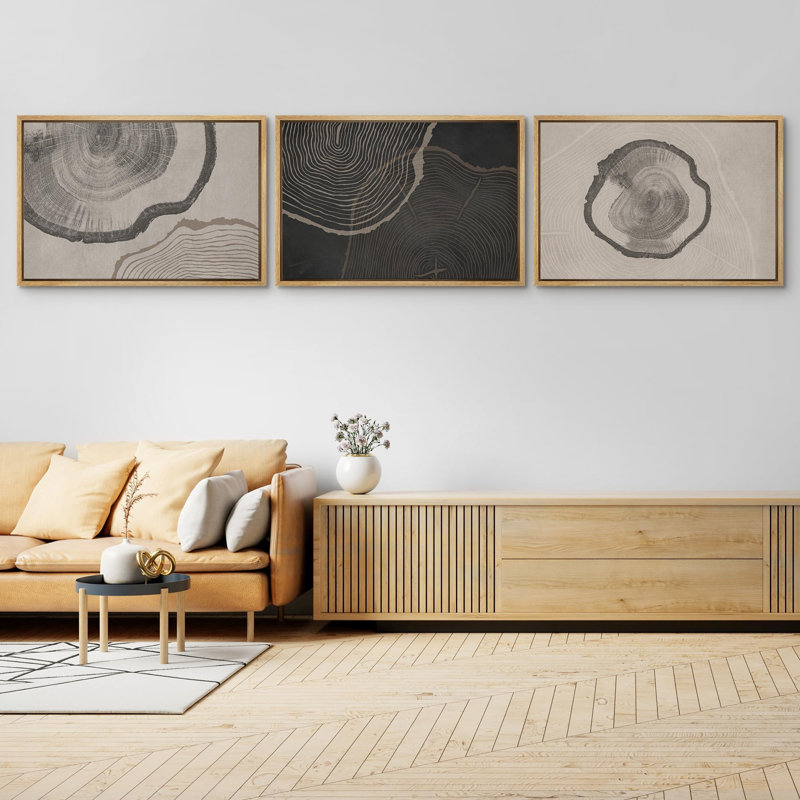 Tree Ring " Pastel Gray Wood Tree Ring Spirals Abstract Ptintings " 3 Piece Art Graphic Art Print, Natural Framed