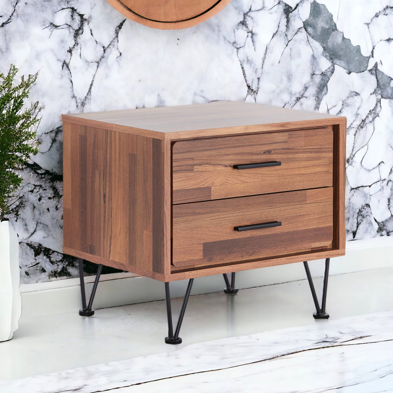 Table d'appoint en noyer avec rangement à 2 tiroirs et boîtes en métal, Walnut