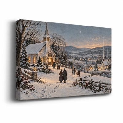 «Snowy Stone Church and Village at Winter Evening Christmas», art mural sur toile
