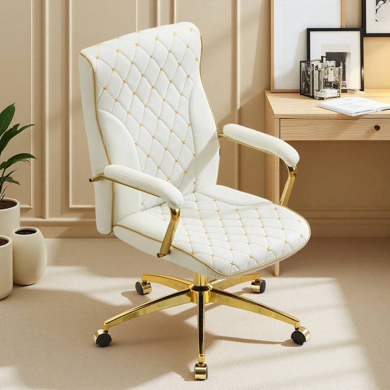 Mid-Century Modern Office Chair, Diamond Pattern Faux Leather Upholstered Swivel Desk Chair with Adjustable Height, Ergonomic Computer Chair