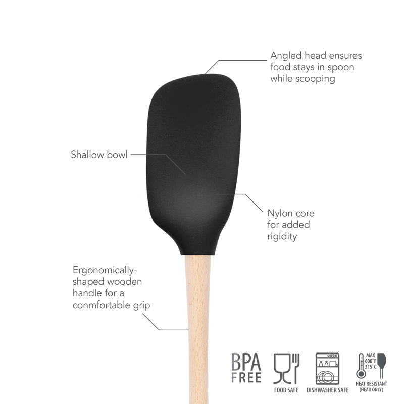 Tovolo Flex-Core Silicone Spoonula with Natural Wood Handle for Cooking and Baking, Black, Black