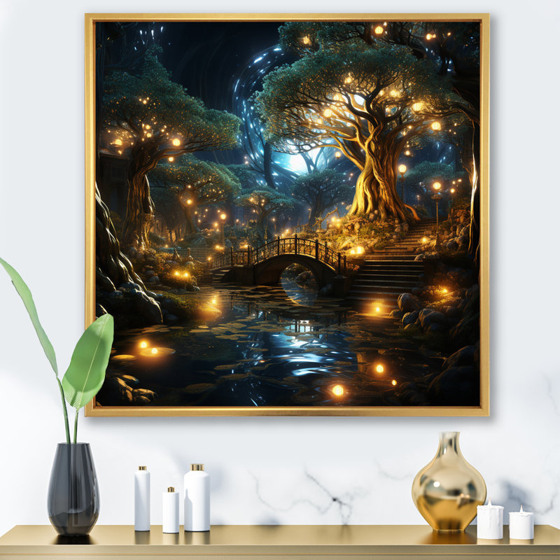 «Gold Teal», fractale abstraite, oasis enchantée sur toile, H 36 po x l 36 po x P 1,5 po, Cadre flottant doré