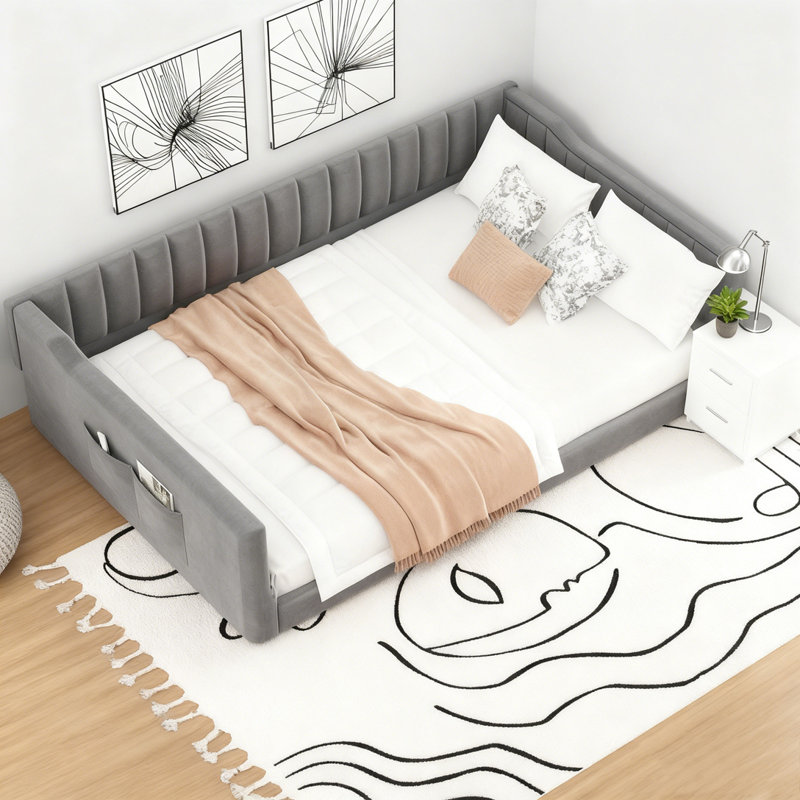 Upholstery Daybed and Side Storage pocket, Gray, Full